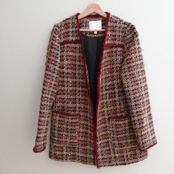 Anthropologie ett:twa Harlequin Boyfriend Colourful Tweed Long Jacket Small - Picture 6 of 17